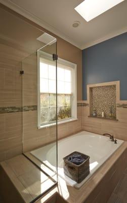 Large bathroom with tub and shower