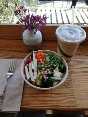 Small bowl with tempeh and vegan horchata