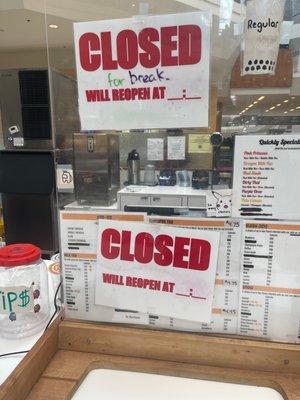 their closed sign w. no reopen time.