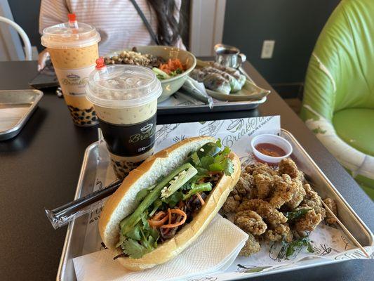 bahn mi, Popcorn Chicken, vermicelli bowl, Spring Rolls, Royal Milk Tea,, Thai Milk Tea