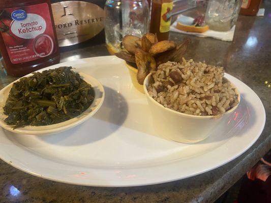 Greens, plantains and rice/beans