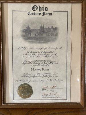 Ohio Century Farm certificate, Mackey Farm