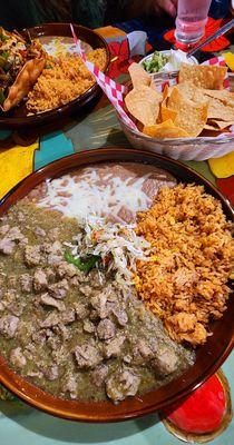 Chile Pork Verde, Tostada Salad w/steak, chips and fresh salsa.