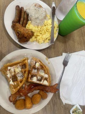 Dry sausage links, biscuit and gravy, scrambled eggs, bacon, corn bites, nasty chicken, waffles, And an orange juice