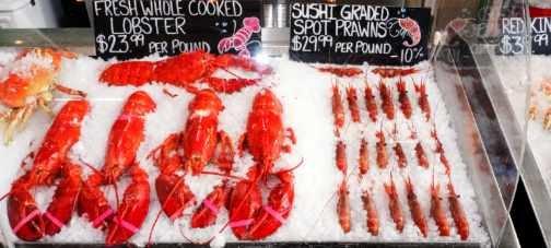 Fresh cooked Lobster and British Columbia Spot Prawns.