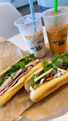 Banh mi dac biet and Banh mi thit nuong with red bean smoothie and Thai milk tea