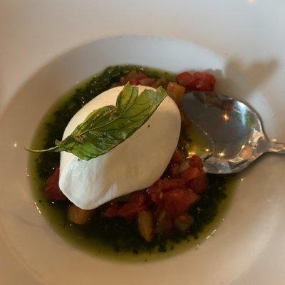 Burrata over bed of Peperonata (chilled cubes of red bell pepper, tomatoes, onions) and pesto