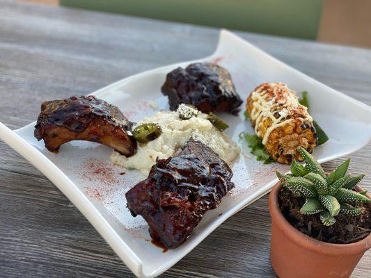 BBQ-Ribs  Slow Cooked with banana leaves/ jalapeno mashed potatoes, corn on the cob