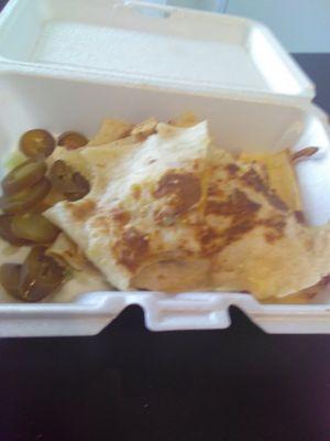 Chicken quesadilla. They burn the cheese ever so slightly on the edges......taste so good