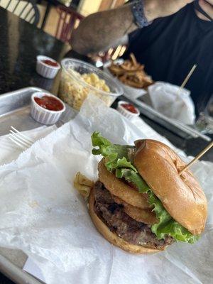 Crunch burger with turkey meat, Mac and cheese, French fries