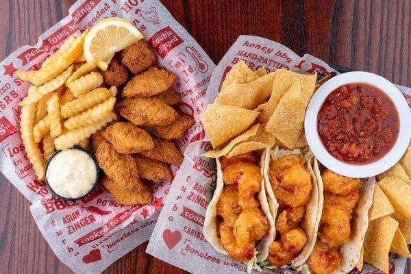 Fish Basket and Buffalo Shrimp Tacos