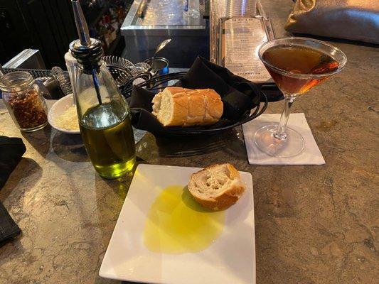 Black and White Martini. Vanilla Vodka and Chocolate Liquor. Olive Oil and fresh Bread.