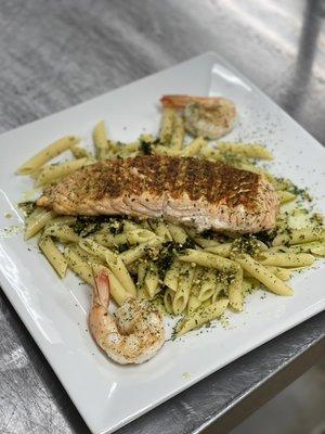 Grilled Salmon and Shrimp on Penne pasta with Pesto