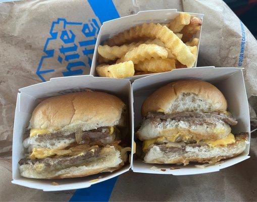 Double burgers and fries. Might not be too pretty but they taste great!