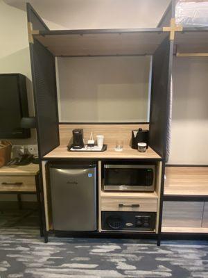 Mini fridge, safe, microwave, coffee maker