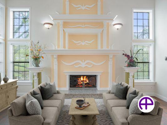 Living room with AccuVirtualStaging™, AccuColorAccuratePhotos™, AccuEnhancedFireplaces™, and AccuEnhancedWindows™ services.