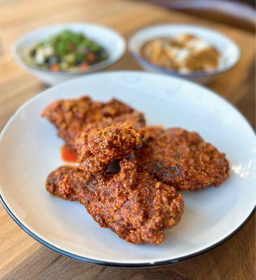 Sichuan+Tianjin Chili Fried Chicken ($19), Butter Bean Salad w/ black vinegar dressing ($8), Mashed Potatoes w/ chicken heart gravy ($8)