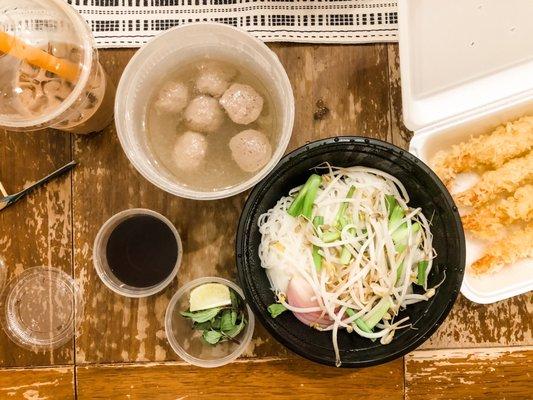 Beef Pho, shrimp tempura appetizer, milk tea