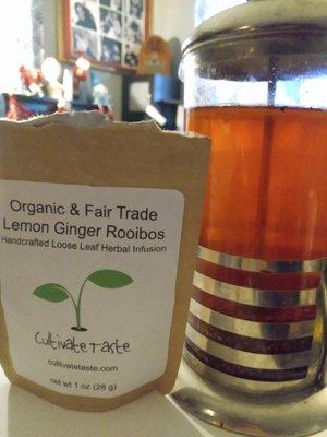 Having some Lemon Ginger Rooibos tea from Cultivate Taste. Delicious!