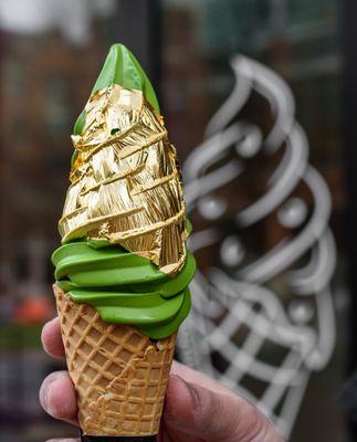 Matcha soft serve with edible gold flake