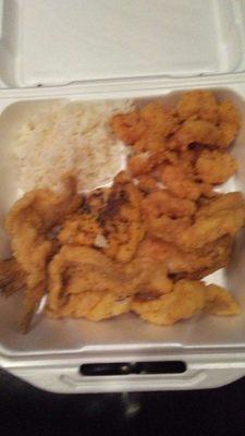 A pescatarian meal: fish, shrimp, and rice