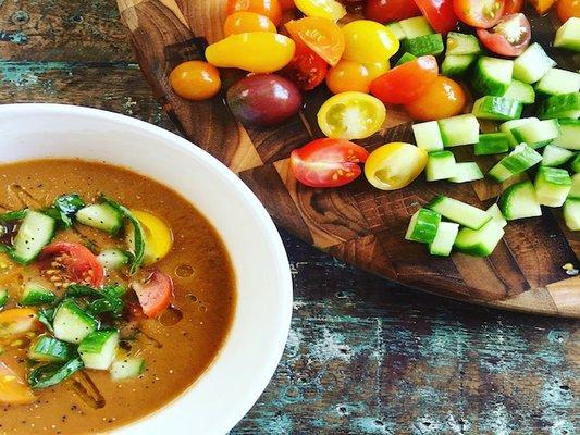 Herbed Gazpacho with Early Girls, Cucumber and Basil