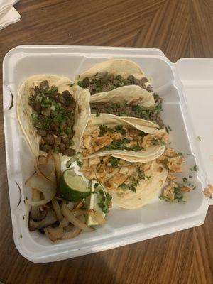 Chicken and Steak fajita flour tacos.