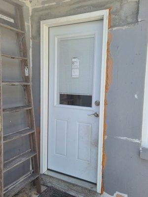 Exterior of door. Unfinished installation