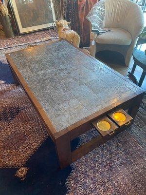 new to shop: coffee table w/ metal top and pull-out drink rests