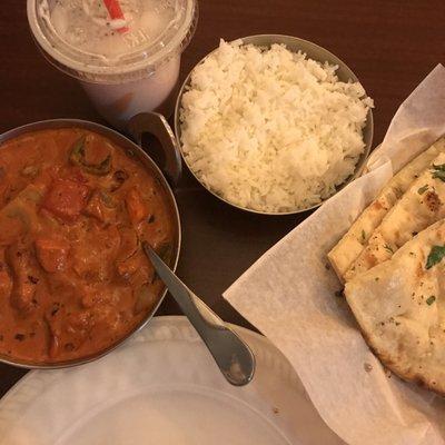 Chicken curry with naan and rice