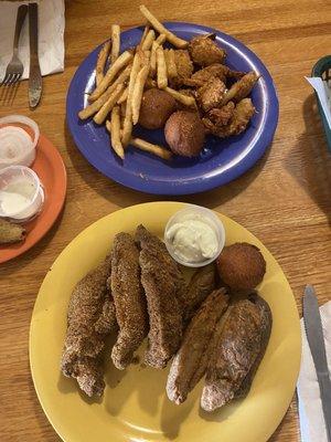 3 Pc granny Cajun style on the bottom and coconut shrimp dinner on the top