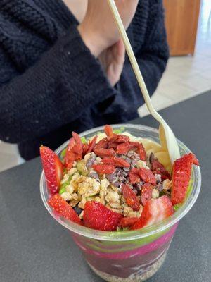 green power, açaí, pitaya base, topped with goji berries, honey, strawberry's, granola, bananas, kiwi, mango, blueberries, cacao nibs