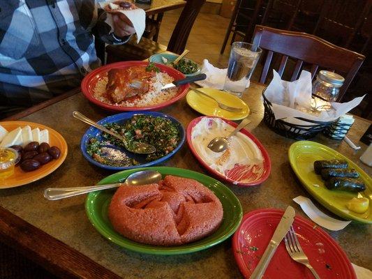 Tabbouleh, grapeleaves, raw kibbe, lamb