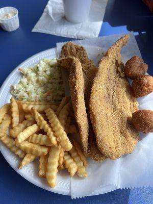 Catfish, fries, slaw & hushpuppies