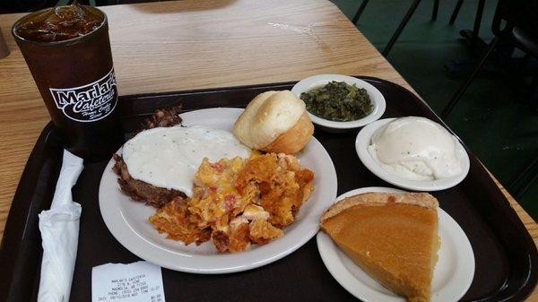 Chicken fried, king ranch chicken, dinner roll, turnip greens, mashed potatoes, sweet potato pie