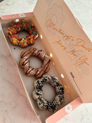 Yogurt cereal (top), funnel cake (mid), black sesame (bottom)