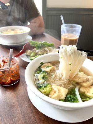 Vegan Pho, Vietnamese coffee and chili oil.