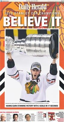 Front cover of Main News the day after the Blackhawks won the Stanley Cup