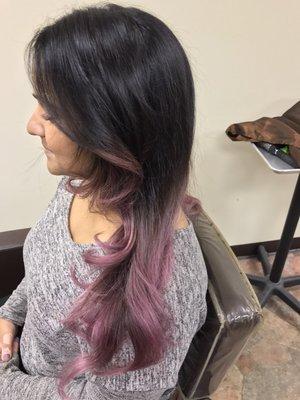 I went from a dark brown with a little bit of dark red to this beautiful shade of pinkish purplish pastel color.