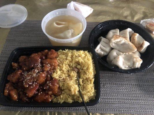 Sesame Chicken combination with wonton soup and pan-fried dumplings