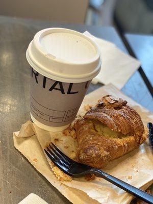 Rose latte with oat milk and almond croissant. I managed to capture a pic before I ate it all.... Lol