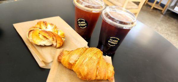 Swedish Cinnamon Bun, Croissant, Cold Brew, iced Americano