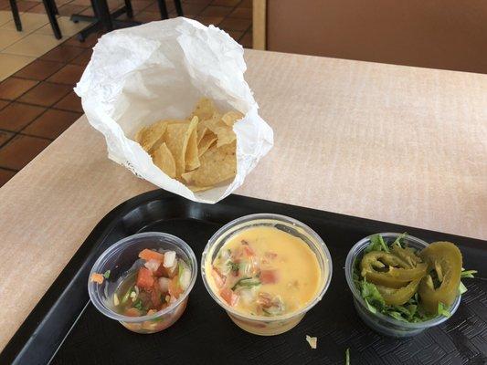 Small chips, salsa and Queso - - was OK, but not as good as I remembered.