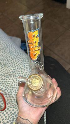 The little perfect beaker bottom water pipe I got from here but with my own sticker on it! Rips so smooth & is perfect travel bong