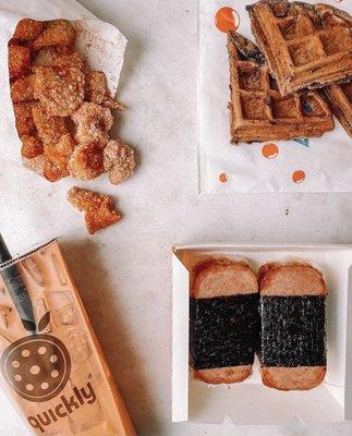 Thai tea, popcorn chicken, mochi waffle, and spam musubi