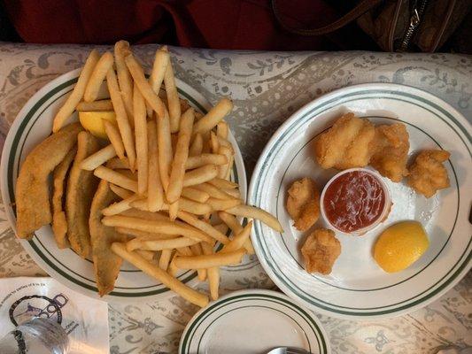 Fish (perch) & chips with added fried shrimp.  My favorite!