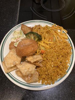 Lo mein, fried rice, crab Rangoon, seafood bake, potatoes, sugar pastry