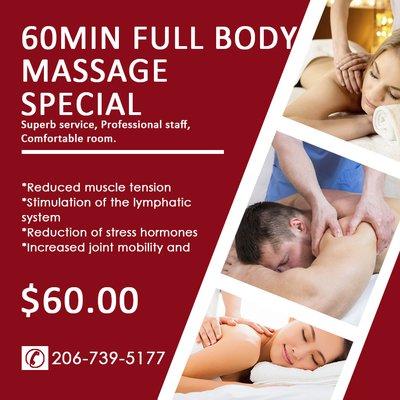 Only $60 For 60Min Body Massage - Call (206) 739-5177