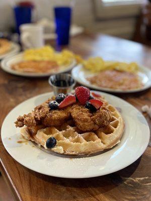 Chicken & Waffles* Side of scrambled eggs and hash browns.