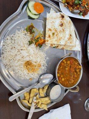 Chana Masala, naan, rice, kheer